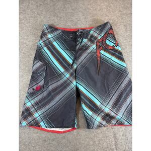 Fox Racing Plaid Board Shorts Mens 31 Navy Beach Cargo Pockets Summer Swim Surf